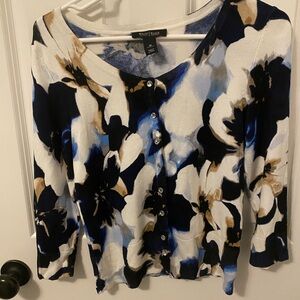 White House Black Market Women's Floral Button Down Shirt - Blue, White, Brown